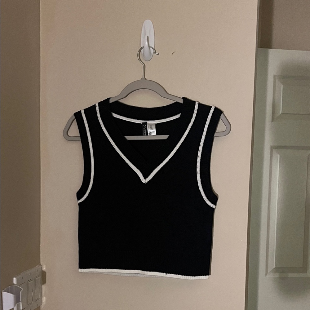 Divided Black V-Neck Top with White Trim